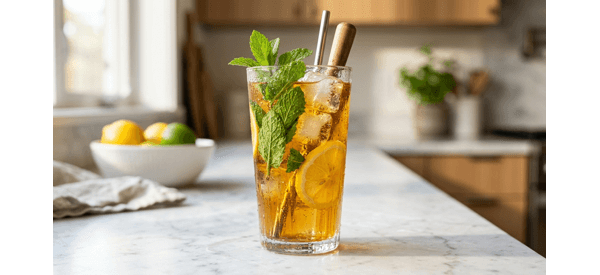 A tall glass of refreshing iced tea with lemon slices and fresh mint leaves on a modern marble countertop A tall glass of refreshing iced tea with lemon slices and fresh mint leaves on a modern marble countertop