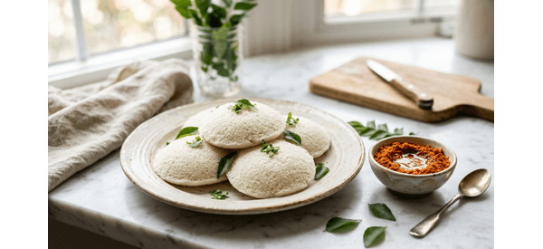 Traditional Chettinad Idli Podi served in a small bowl next to soft white idlis and gingelly oil