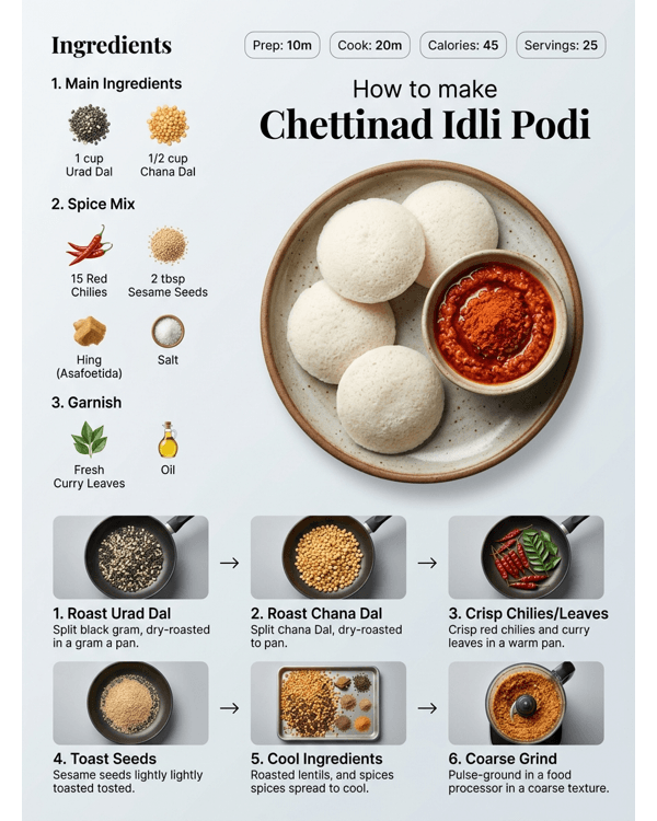 Traditional Chettinad Idli Podi served in a small bowl next to soft white idlis and gingelly oil