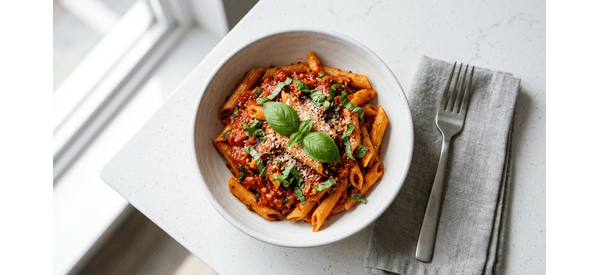 A beautiful plate of Authentic Indian Style Arrabiata Pasta Recipe with fresh basil