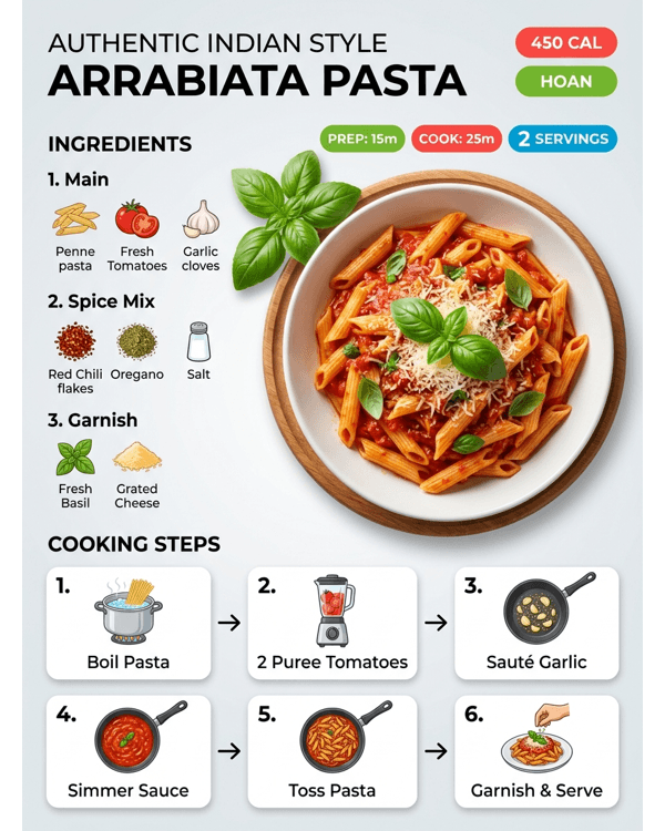 A beautiful plate of Authentic Indian Style Arrabiata Pasta Recipe with fresh basil