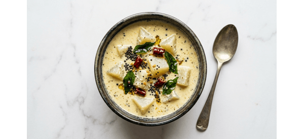 A bowl of creamy Iyengar Style Mor Kuzhambu with white pumpkin and tempering