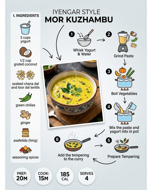 A bowl of creamy Iyengar Style Mor Kuzhambu with white pumpkin and tempering
