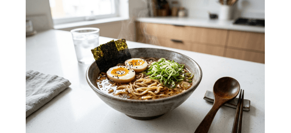 A steaming bowl of authentic Japanese ramen with soft boiled egg and sliced meat