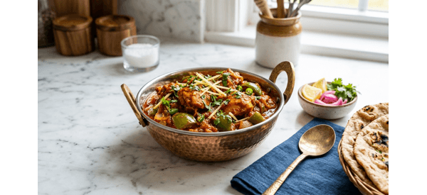 Authentic Dhaba Style Kadai Chicken served in a copper bowl with fresh ginger juliennes