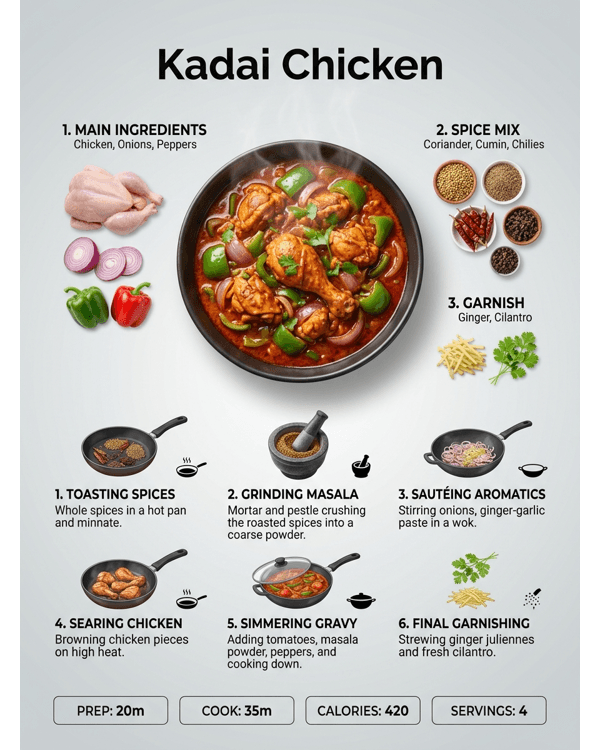 Authentic Dhaba Style Kadai Chicken served in a copper bowl with fresh ginger juliennes