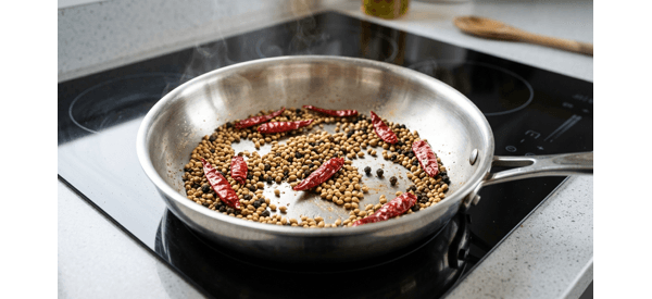 Toasting whole Indian spices in a modern stainless steel pan on a glass cooktop