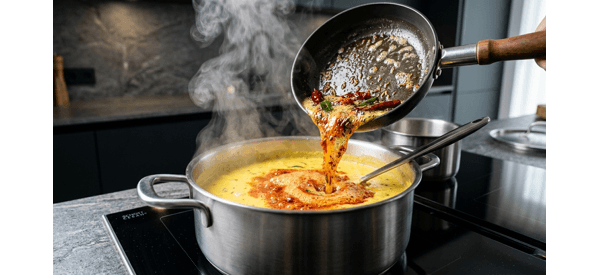 A steaming bowl of Kadhi Pakora with a vibrant red ghee tadka on top