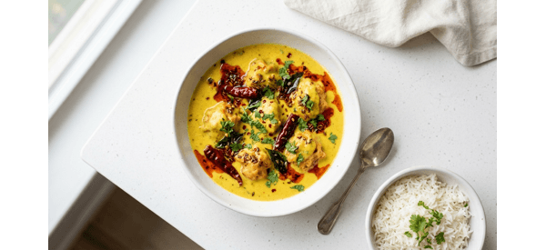 Traditional Punjabi Kadhi Pakora served in a white bowl with a spicy red oil tempering on top