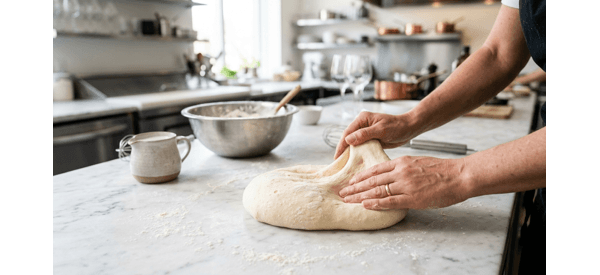 Kneading the stiff dough for Karanji on a modern white marble countertop Kneading the stiff dough for Karanji on a modern white marble countertop