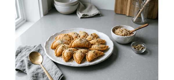 A platter of golden brown crispy Karanji served on a modern white plate with a festive background A platter of golden brown crispy Karanji served on a modern white plate with a festive background