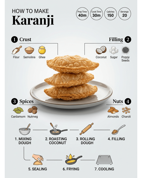A platter of golden brown crispy Karanji served on a modern white plate with a festive background A platter of golden brown crispy Karanji served on a modern white plate with a festive background
