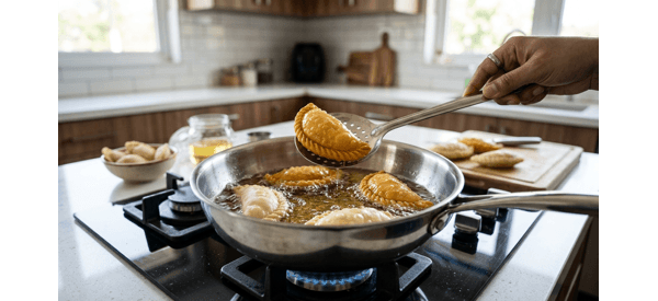 Deep frying golden brown Karanjis in a modern stainless steel pan Deep frying golden brown Karanjis in a modern stainless steel pan