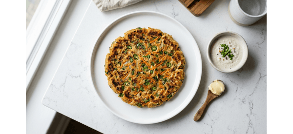 A golden brown Karnataka style Thalipeeth served on a modern white plate with coconut chutney