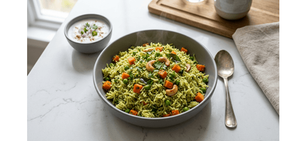 Aromatic Karnataka style veg pulav served in a ceramic bowl with raita