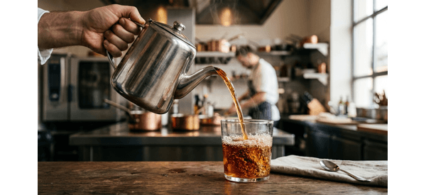 Pouring hot black tea between two glasses to create a frothy top Pouring hot black tea between two glasses to create a frothy top