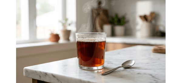 A steaming glass of Kerala style black tea on a modern marble countertop A steaming glass of Kerala style black tea on a modern marble countertop