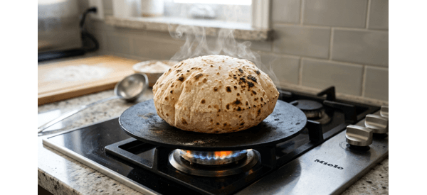 Cooking the chapati on a modern black tawa until it puffs up beautifully