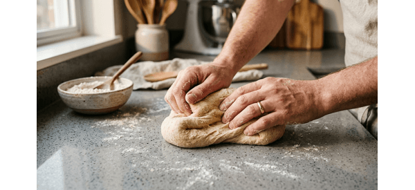 Kneading the warm chapati dough on a clean white marble countertop