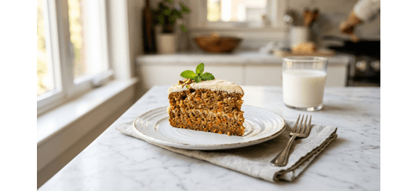 A moist slice of Kerala style carrot cake served on a modern white plate for breakfast A moist slice of Kerala style carrot cake served on a modern white plate for breakfast