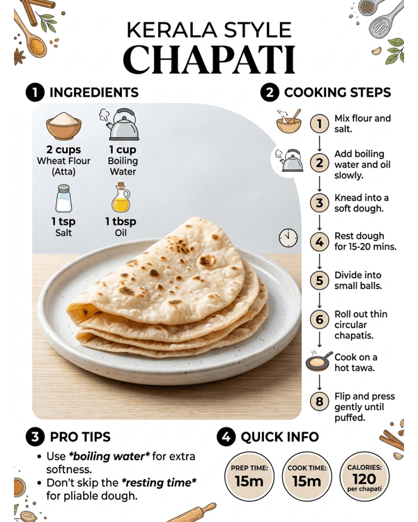 Soft Kerala style chapati served on a white plate with vegetable curry