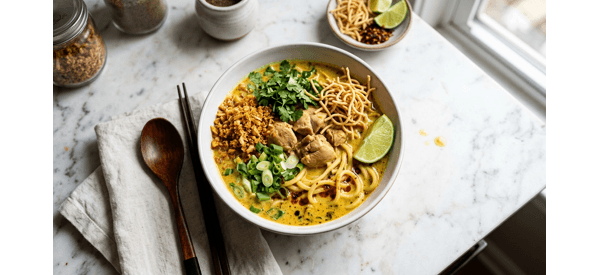 A vibrant bowl of chicken Khao Suey with colorful garnishes and noodles A vibrant bowl of chicken Khao Suey with colorful garnishes and noodles