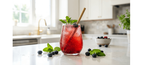 A refreshing glass of homemade fizzy kombucha with fresh berries on a marble kitchen counter A refreshing glass of homemade fizzy kombucha with fresh berries on a marble kitchen counter