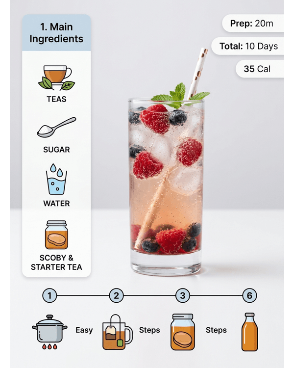 A refreshing glass of homemade fizzy kombucha with fresh berries on a marble kitchen counter A refreshing glass of homemade fizzy kombucha with fresh berries on a marble kitchen counter