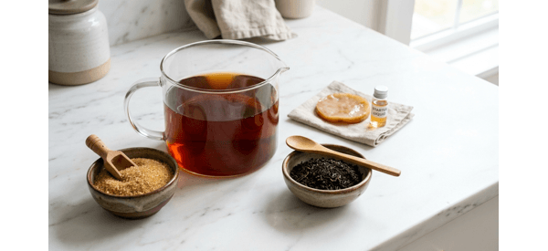 Steeping black tea in a glass pot for the kombucha base Steeping black tea in a glass pot for the kombucha base
