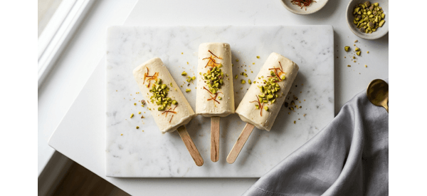 Creamy traditional kulfi served on a modern plate with crushed pistachios and saffron strands Creamy traditional kulfi served on a modern plate with crushed pistachios and saffron strands