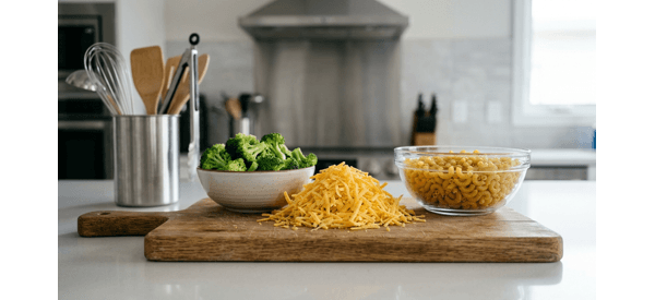 Modern kitchen scene showing grated cheese, raw pasta, and fresh broccoli on a white marble counter Modern kitchen scene showing grated cheese, raw pasta, and fresh broccoli on a white marble counter