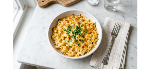 A premium bowl of creamy macaroni and cheese with a golden crust and fresh herbs on a marble countertop A premium bowl of creamy macaroni and cheese with a golden crust and fresh herbs on a marble countertop