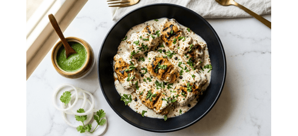 Creamy Malai Chaap served on a white plate with green chutney and onion rings