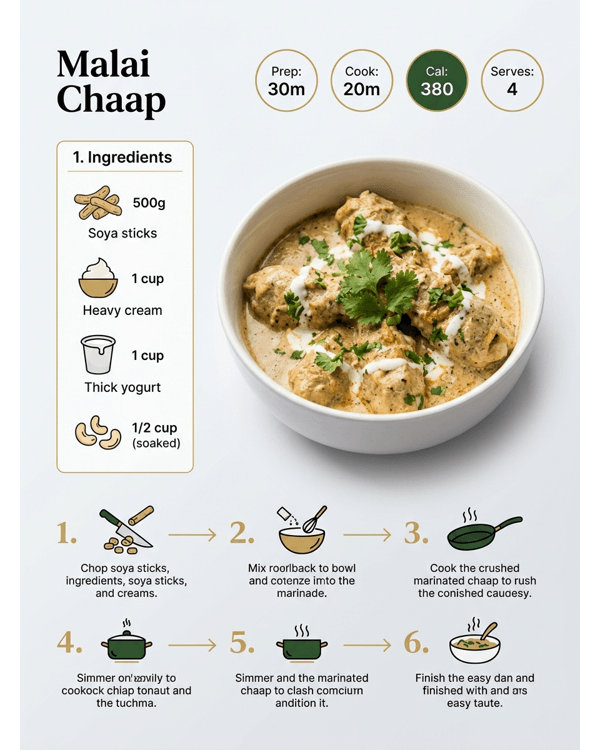 Creamy Malai Chaap served on a white plate with green chutney and onion rings