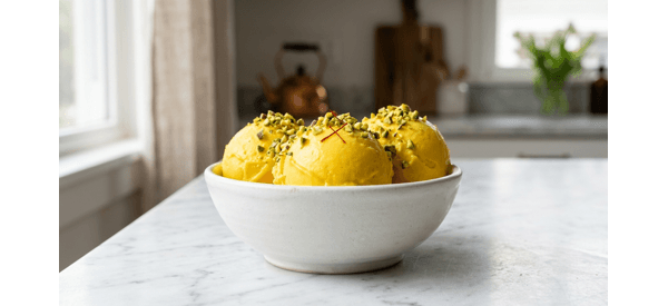 A scoop of creamy homemade mango ice cream served in a modern glass bowl with fresh mint A scoop of creamy homemade mango ice cream served in a modern glass bowl with fresh mint