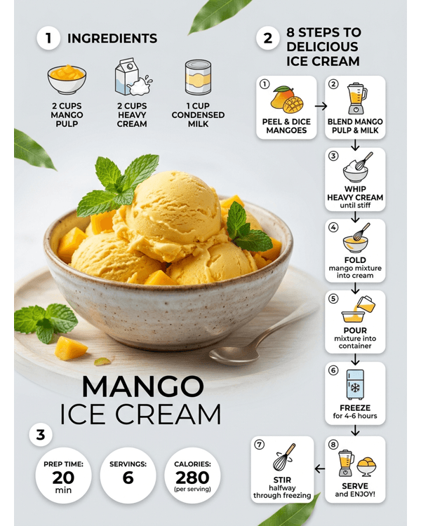 A scoop of creamy homemade mango ice cream served in a modern glass bowl with fresh mint A scoop of creamy homemade mango ice cream served in a modern glass bowl with fresh mint