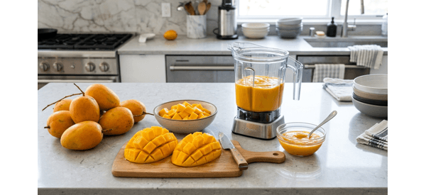 Fresh mango pulp being blended in a modern high-speed blender Fresh mango pulp being blended in a modern high-speed blender
