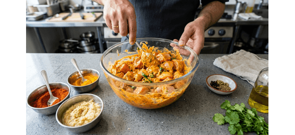 Boneless chicken cubes being mixed with yogurt and red spices in a glass bowl Boneless chicken cubes being mixed with yogurt and red spices in a glass bowl