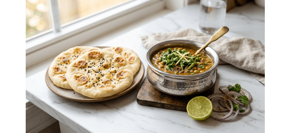 Street style Matar Kulcha served with tangy white peas and soft bread Street style Matar Kulcha served with tangy white peas and soft bread