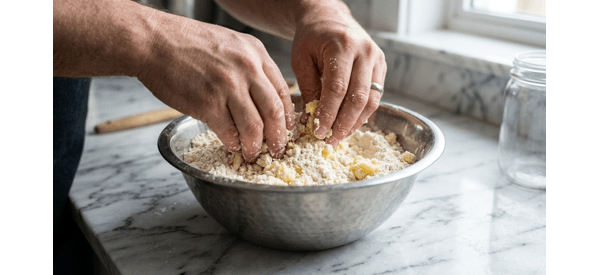 The process of rubbing ghee into flour to create a crumbly texture for mathri dough