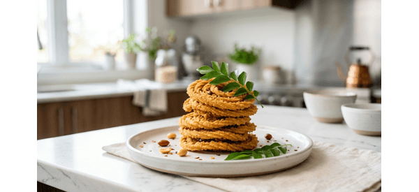 A platter of golden brown Messai style murukku served on a white plate with a side of tea A platter of golden brown Messai style murukku served on a white plate with a side of tea