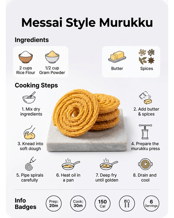 A platter of golden brown Messai style murukku served on a white plate with a side of tea A platter of golden brown Messai style murukku served on a white plate with a side of tea