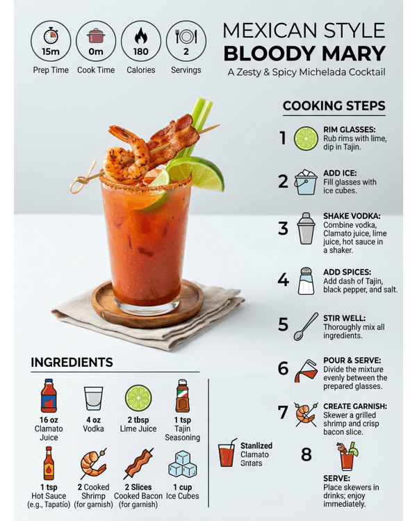 A tall glass of Mexican Style Bloody Mary garnished with shrimp and bacon