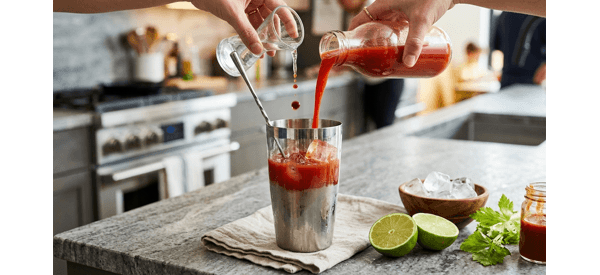 The final Mexican Style Bloody Mary drink with all the colorful garnishes