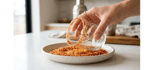 A hand rimming a glass with lime juice and Tajin seasoning