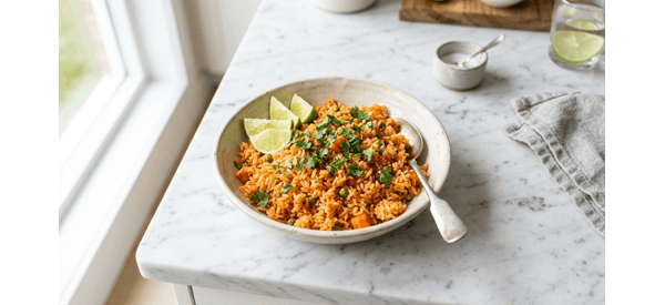 Authentic Mexican rice served in a white bowl with fresh cilantro and lime wedges Authentic Mexican rice served in a white bowl with fresh cilantro and lime wedges