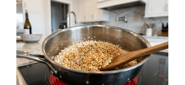 Toasting white rice in a silver pot until it turns golden brown Toasting white rice in a silver pot until it turns golden brown