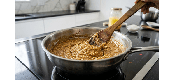 Milk boiling and reducing in a large heavy-bottomed pan for milk cake Milk boiling and reducing in a large heavy-bottomed pan for milk cake