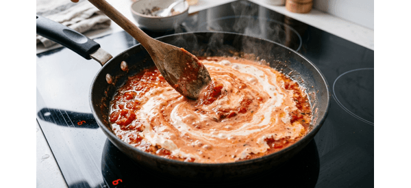 Chef tossing penne pasta into a creamy pink sauce in a modern black skillet