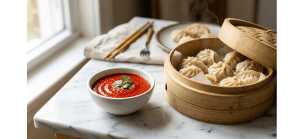 Vibrant red Nepali style momos chutney served in a modern white bowl with steam Vibrant red Nepali style momos chutney served in a modern white bowl with steam